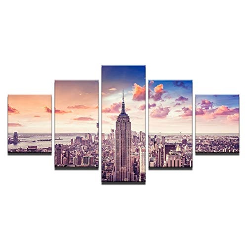 CYZSH Leinwand Hd Drucke Modulare Bilder Home Decor 5 Stücke Sonnenuntergang New York City Gebäude Malerei Stadtbild Poster Wandkunst