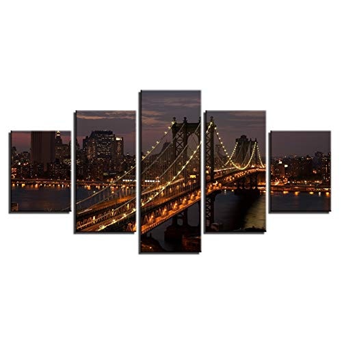 CYZSH Leinwandbilder Wohnzimmer Dekor Bilder 5 Stücke Manhattan Bridge New York City Nachtlandschaft Poster Wandkunst
