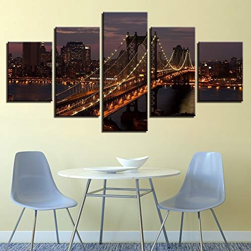 CYZSH Leinwandbilder Wohnzimmer Dekor Bilder 5 Stücke Manhattan Bridge New York City Nachtlandschaft Poster Wandkunst