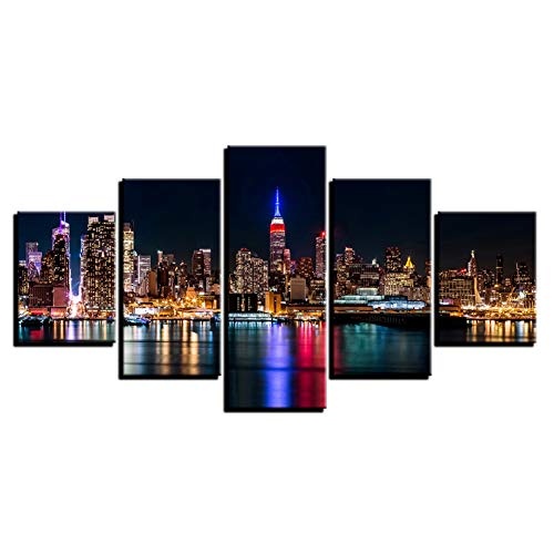 XZCWWH Canvas Hd Prints Poster Wohnzimmer Wandkunst 5 Stücke New York City Nightscape Paintings Gebäude Bilder Wohnkultur Rahmen