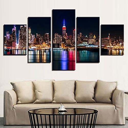 XZCWWH Canvas Hd Prints Poster Wohnzimmer Wandkunst 5 Stücke New York City Nightscape Paintings Gebäude Bilder Wohnkultur Rahmen