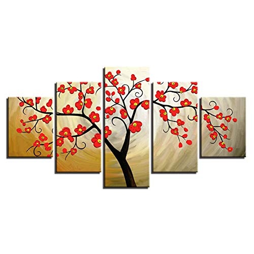 CYZSH Leinwand Poster Für Wohnzimmer Wandkunst Hd Druckt Blume Bilder 5 Stücke Rote Pflaumenblüte Baum Gemälde Wohnkultur