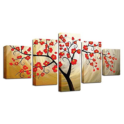 CYZSH Leinwand Poster Für Wohnzimmer Wandkunst Hd Druckt Blume Bilder 5 Stücke Rote Pflaumenblüte Baum Gemälde Wohnkultur
