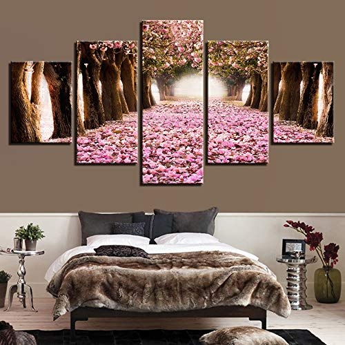 CYZSH Leinwand Bilder Home Decor Hd Drucke 5 Stücke Kirschblüten Gemälde Rosa Blütenblatt Baum Poster Wohnzimmer Wandkunst