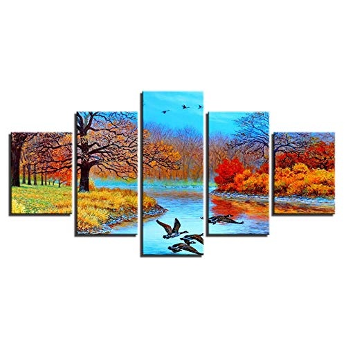 CYZSH Leinwand Hd Drucke Poster Wandkunstausgangsdekor 5 Stücke Farbe Abstrakte Wald Gemälde Baum See Vogel Landschaft Bilder