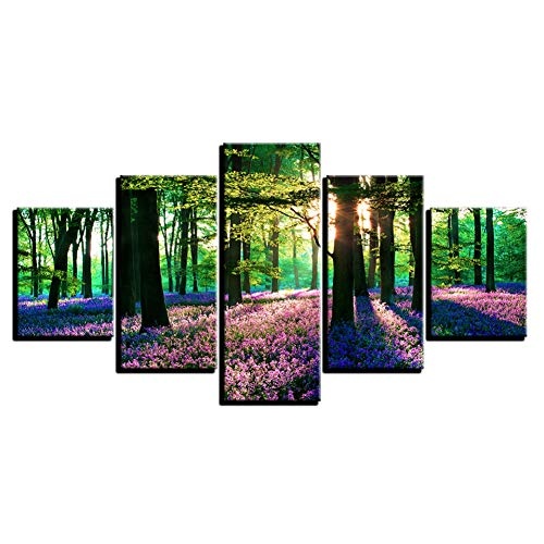 CYZSH Leinwand Hd Drucke Gemälde Bäume Bilder Wohnzimmer Dekor 5 Stücke Wald Lila Lavendel Blumen Poster Wandkunst
