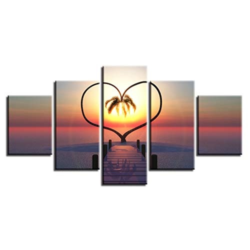 CYZSH Leinwand Gedruckt Bilder Home Decor 5 Stück Ocean Hearts Baum Gemälde Sonnenaufgang Brücke Landschaft Poster Modulare Wandkunst