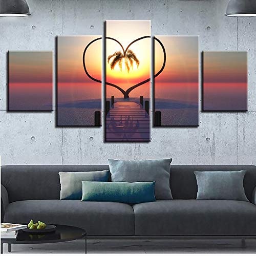 CYZSH Leinwand Gedruckt Bilder Home Decor 5 Stück Ocean Hearts Baum Gemälde Sonnenaufgang Brücke Landschaft Poster Modulare Wandkunst