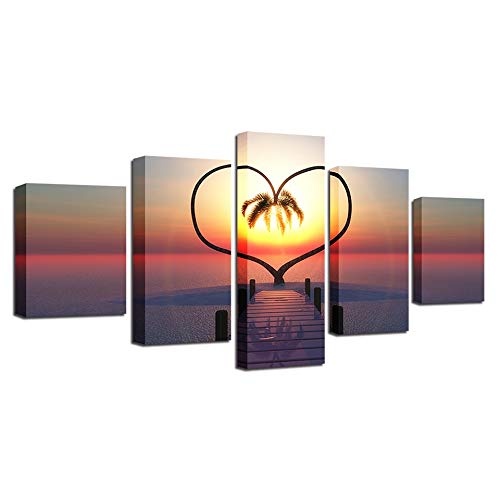 CYZSH Leinwand Gedruckt Bilder Home Decor 5 Stück Ocean Hearts Baum Gemälde Sonnenaufgang Brücke Landschaft Poster Modulare Wandkunst