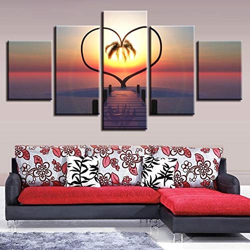 CYZSH Leinwand Gedruckt Bilder Home Decor 5 Stück Ocean Hearts Baum Gemälde Sonnenaufgang Brücke Landschaft Poster Modulare Wandkunst