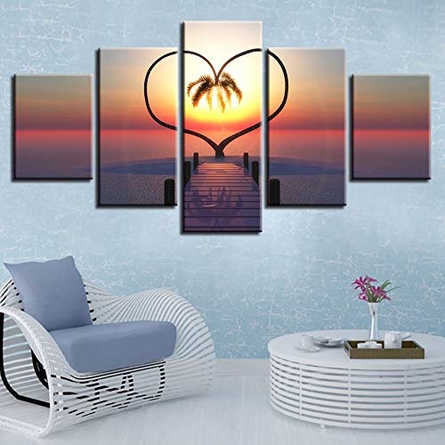 CYZSH Leinwand Gedruckt Bilder Home Decor 5 Stück Ocean Hearts Baum Gemälde Sonnenaufgang Brücke Landschaft Poster Modulare Wandkunst