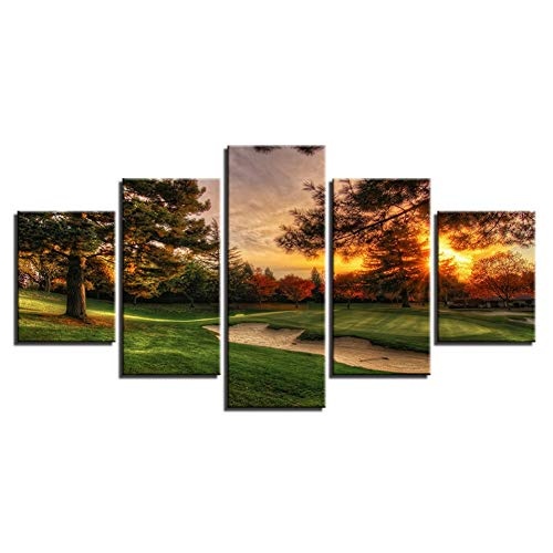 CYZSH Leinwand Bilder Home Decor Wohnzimmer Hd Drucke Poster 5 Stücke Golfplatz Bäume Sonnenuntergang Landschaftsbilder Wandkunst