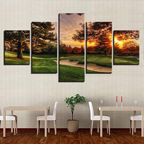 CYZSH Leinwand Bilder Home Decor Wohnzimmer Hd Drucke Poster 5 Stücke Golfplatz Bäume Sonnenuntergang Landschaftsbilder Wandkunst