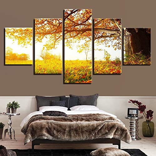 CYZSH Leinwand Bilder Home Decor Raum Hd Druckt Poster 5 Stücke Herbst Gelbe Bäume Und Blumen Landschaftsbilder Wandkunst