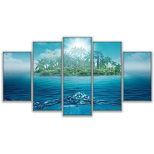 CYZSH Hd Gedruckt Leinwand Bilder Home Decor Poster 5 Stück Lonely Island Ozean Landschaft Meerwasser Bäume Palmen Malerei Wandkunst