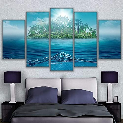 CYZSH Hd Gedruckt Leinwand Bilder Home Decor Poster 5 Stück Lonely Island Ozean Landschaft Meerwasser Bäume Palmen Malerei Wandkunst