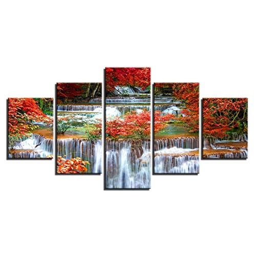 CYZSH Leinwand Gemälde Wandkunst Hd Drucke Wohnzimmer Dekor 5 Stücke Roter Wald Baum Bilder See Naturlandschaft Poster