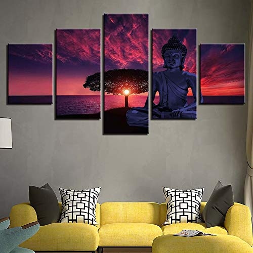 CYZSH Leinwand Bilder Wohnkultur Wohnzimmer Wandkunst 5 Stücke Lila Sonnenuntergang Buddha Malerei Hd Druckt Baum Landschaft Poster