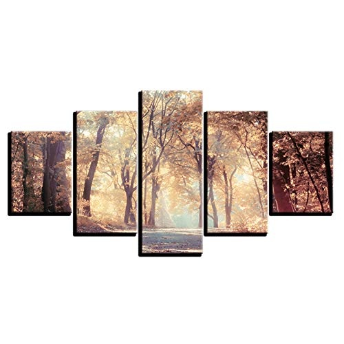 CYZSH Leinwand Hd Drucke Bilder Wandkunst 5 Stücke Herbstlaub Bäume Landschaftsbilder Warmen Tag Wald Poster Wohnkultur