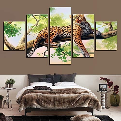 CYZSH Leinwand Gemälde Wohnzimmer Home Decor Hd Drucke 5 Stücke Baum Leopard Bilder Modulare Tiere Tiger Poster Wandkunst