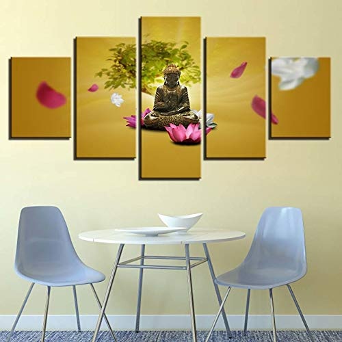 CYZSH Leinwand Hd Drucke Gemälde Wandkunst 5 Stücke Buddha Poster Rosa Und Weiß Lotus Blume Baum Bilder Modulares Wohnzimmer Dekor
