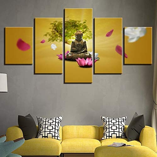 CYZSH Leinwand Hd Drucke Gemälde Wandkunst 5 Stücke Buddha Poster Rosa Und Weiß Lotus Blume Baum Bilder Modulares Wohnzimmer Dekor