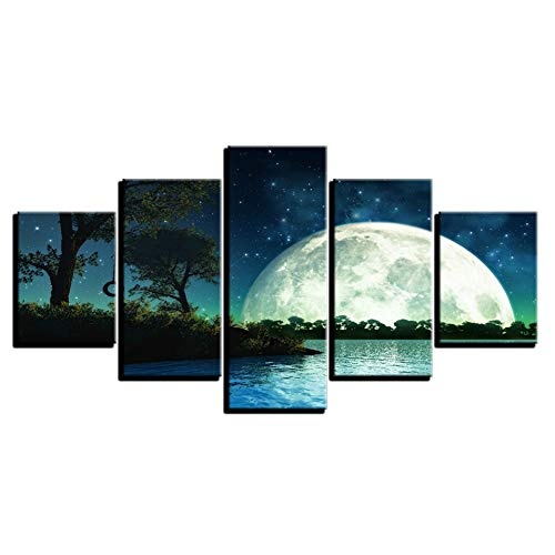 CYZSH Hd Drucke Bilder Modulare Leinwand Wandkunst 5 Stücke Starry Moon Night Lake Bäume Landschaftsbilder Home Decor Poster