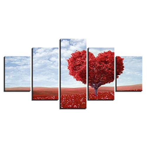 CYZSH Leinwand Malerei Wohnzimmer Wandkunst 5 Stück Rot Romantische Tableau Liebe Herz Baum Bilder Home Decor Hd Druckt Poster