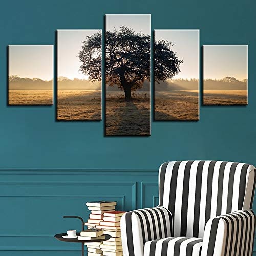 XZCWWH Hd Drucke Leinwand Poster Rahmen Wohnzimmer Wohnkultur 5 Stücke Hohe Bäume Wald Natürliche Gemälde Wandkunst Landschaft Bilder