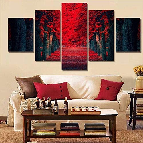 KINYNE 5 Stück Leinwanddrucke Moderne Landschaft Rote Bäume Malerei Kunstwerk Auf Leinwänden Wandkunst Für Wohnzimmer Dekoration,B,30X50x2+30X70x2+30X80x1