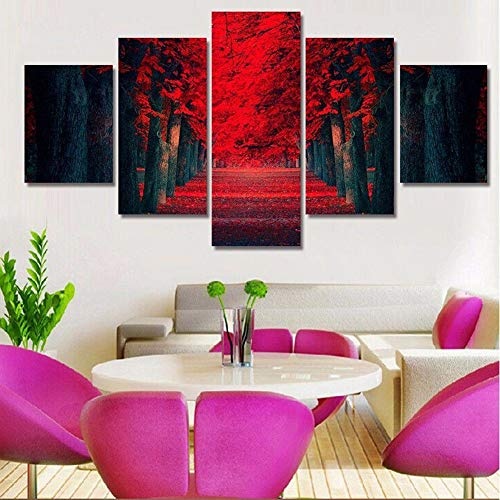 KINYNE 5 Stück Leinwanddrucke Moderne Landschaft Rote Bäume Malerei Kunstwerk Auf Leinwänden Wandkunst Für Wohnzimmer Dekoration,B,30X50x2+30X70x2+30X80x1