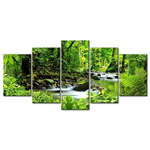 KINYNE Landschaft Leinwanddrucke Wandkunst Grüne Bäume Malerei 5 Stück Bilder Stream im Wald Zeitgenössische Zuhause Büro Wand Dekoratio,B,20x35x2+20x45x2+20x55x1