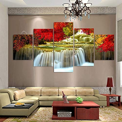 KINYNE Natürliche Landschaftsmalerei 5 Panels Leinwanddrucke Wasserfall Landschaft Und Rote Bäume Bilder Wand Wohnzimmer Dekor,B,20X35x2+20X45x2+20X55x1