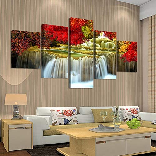 KINYNE Natürliche Landschaftsmalerei 5 Panels Leinwanddrucke Wasserfall Landschaft Und Rote Bäume Bilder Wand Wohnzimmer Dekor,B,20X35x2+20X45x2+20X55x1