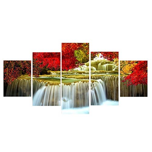 KINYNE Natürliche Landschaftsmalerei 5 Panels Leinwanddrucke Wasserfall Landschaft Und Rote Bäume Bilder Wand Wohnzimmer Dekor,B,20X35x2+20X45x2+20X55x1