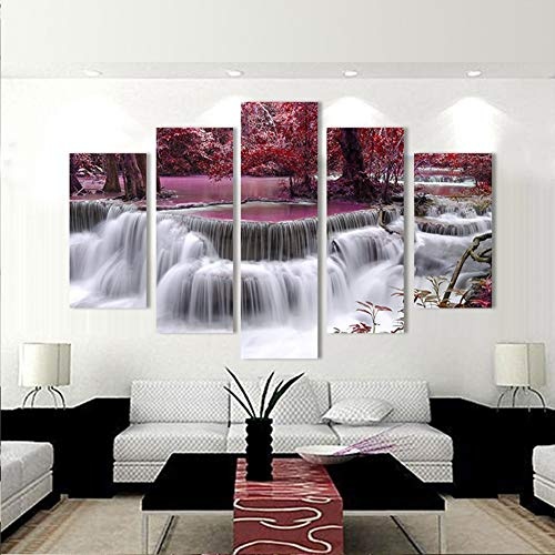 KINYNE Landschaftsmalerei 5 Panels Wasserfall Und Rote Bäume Das Bild Leinwanddrucke Für Home Decor Moderne Wandkunst,B,30X40x2+30X60x2+30X80x1