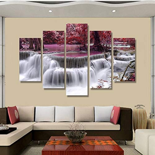 KINYNE Landschaftsmalerei 5 Panels Wasserfall Und Rote Bäume Das Bild Leinwanddrucke Für Home Decor Moderne Wandkunst,B,30X40x2+30X60x2+30X80x1