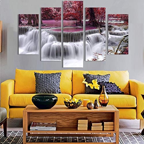 KINYNE Landschaftsmalerei 5 Panels Wasserfall Und Rote Bäume Das Bild Leinwanddrucke Für Home Decor Moderne Wandkunst,B,30X40x2+30X60x2+30X80x1