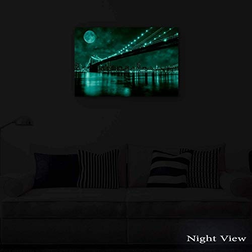 Eco Light Wandkunst Leinwand Bundle nachleuchtende Brooklyn Bridge 80 x 120 cm und Charming Badezimmer Spa Collage Set von 4, Leinwandbild für Wanddeko und Wohnzimmer Artwork modernen gerahmt