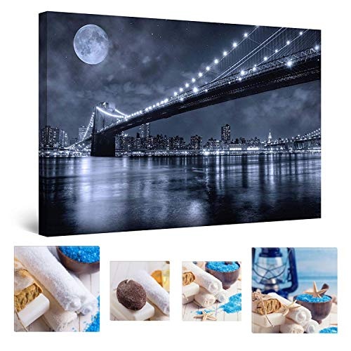 Eco Light Wandkunst Leinwand Bundle nachleuchtende Brooklyn Bridge 80 x 120 cm und Charming Badezimmer Spa Collage Set von 4, Leinwandbild für Wanddeko und Wohnzimmer Artwork modernen gerahmt