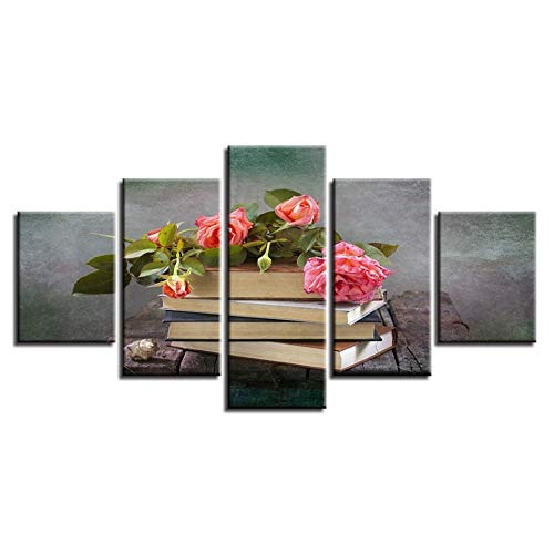 CYZSH Wandkunst Leinwand Hd Druckt Poster 5 Stücke Rosa Garten Rosen Gemälde Bücher Blumen Bilder Modulare Wohnzimmer Dekor