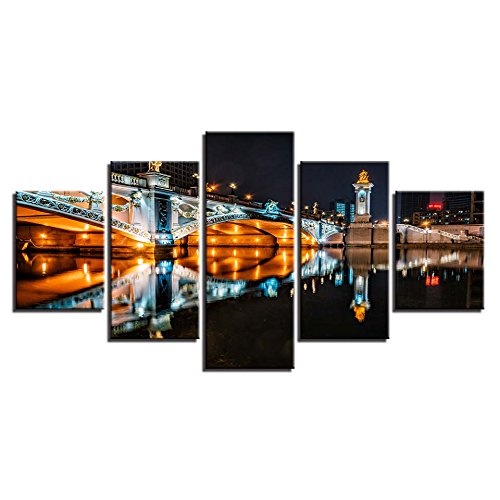 CYZSH Leinwand Bilder Modular Home Decor 5 Stücke Europäischen Gebäude Brücke Nacht Szene Gemälde Hd Drucke Poster Wandkunst