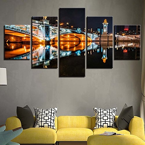 CYZSH Leinwand Bilder Modular Home Decor 5 Stücke Europäischen Gebäude Brücke Nacht Szene Gemälde Hd Drucke Poster Wandkunst