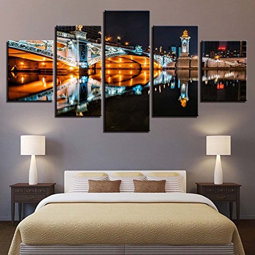 CYZSH Leinwand Bilder Modular Home Decor 5 Stücke Europäischen Gebäude Brücke Nacht Szene Gemälde Hd Drucke Poster Wandkunst