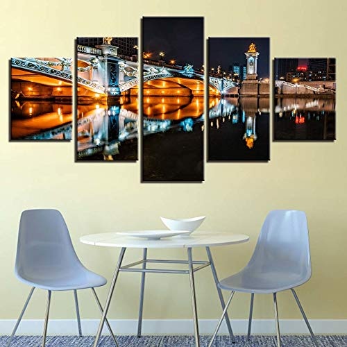 CYZSH Leinwand Bilder Modular Home Decor 5 Stücke Europäischen Gebäude Brücke Nacht Szene Gemälde Hd Drucke Poster Wandkunst