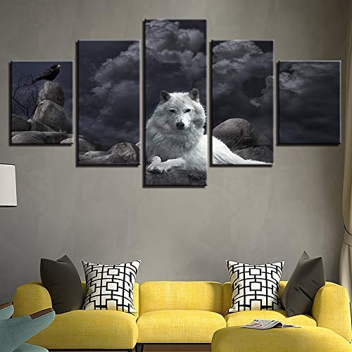 CYZSH Leinwand Wandkunst Gemälde Home Decor 5 Stücke Weiß Wolf Und Vogel Bilder Wohnzimmer Hd Druckt Tiere Nacht Poster