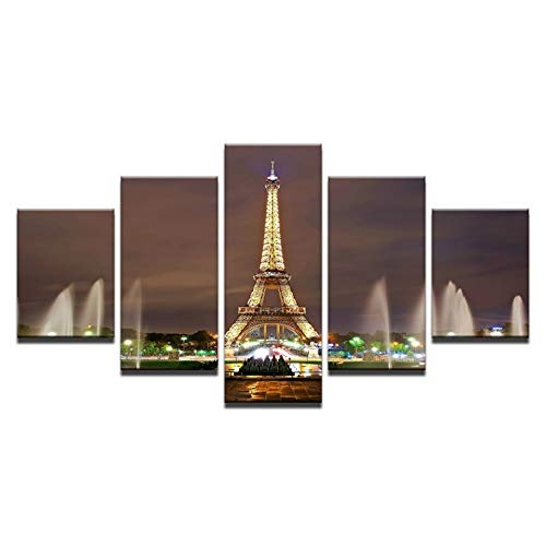 CYZSH Leinwand Gemälde Wandkunst Wohnkultur 5 Stücke Eiffelturm Brunnen Nacht Landschaft Bilder Wohnzimmer Poster