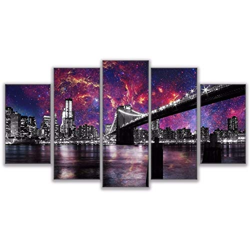 CYZSH Leinwand Malerei Wand Kunst Wohnkultur Hd Drucke 5 Stücke Brooklyn Bridge San Francisco Bei Nacht Poster Sternenhimmel Bilder