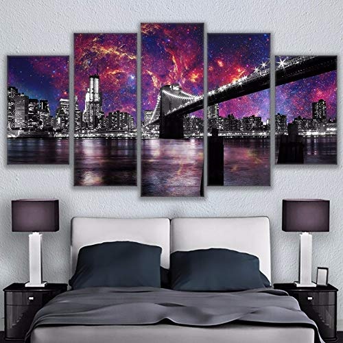 CYZSH Leinwand Malerei Wand Kunst Wohnkultur Hd Drucke 5 Stücke Brooklyn Bridge San Francisco Bei Nacht Poster Sternenhimmel Bilder