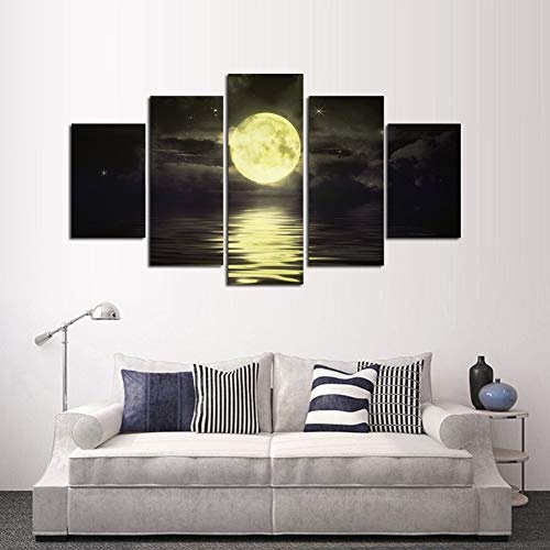 KINYNE Goldener Vollmond in der Nacht 5 Stück Leinwanddruck Moderne abstrakte Seascape Kunstwerk zeitgenössische Gemälde Wandkunst für Schlafzimmer Hauptdekorationen,B,20x35x2+20x45x2+20x55x1